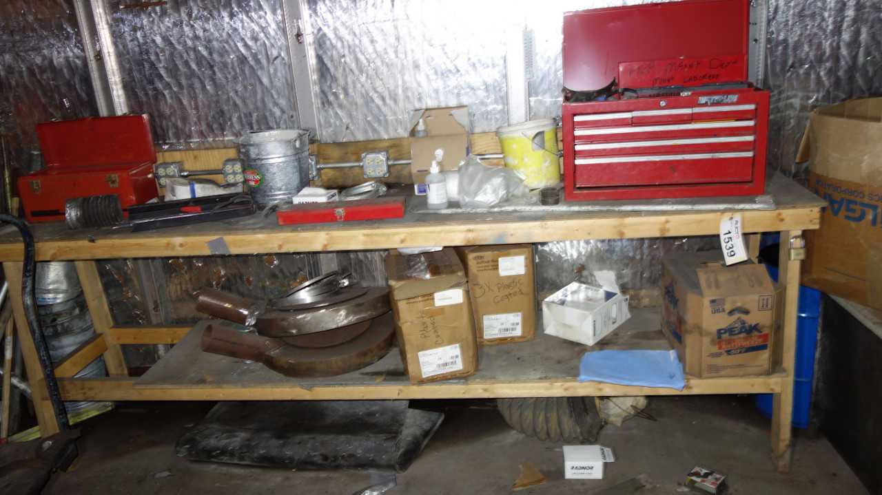 WOOD TABLE WITH CONTENTS, SHOVELS, CART, PPE - ROLLING CARTS