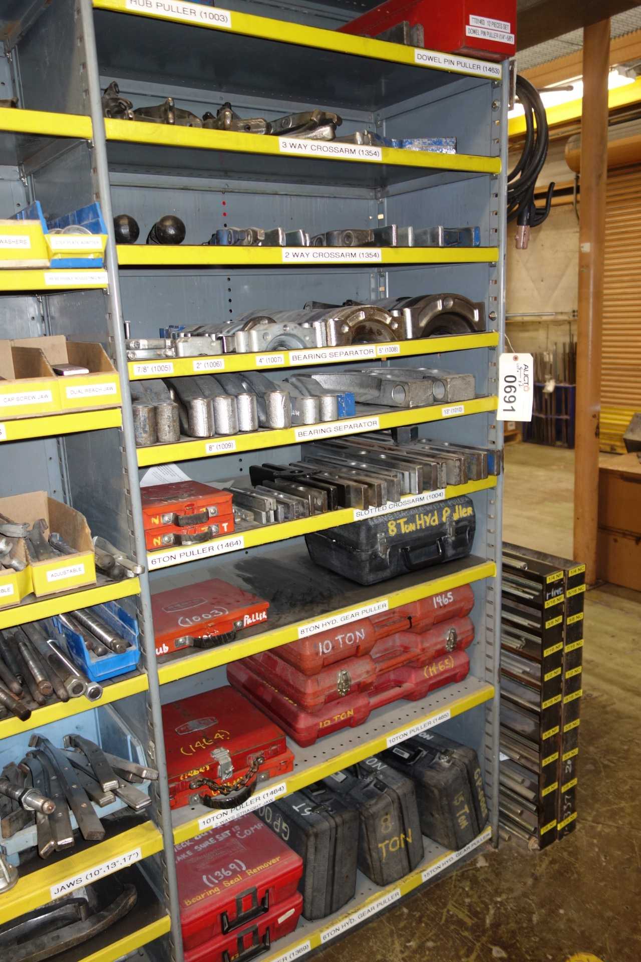 Contents of 2x sections shelving - gear pullers, bearing separators, with parts/accessories - SHELVING
