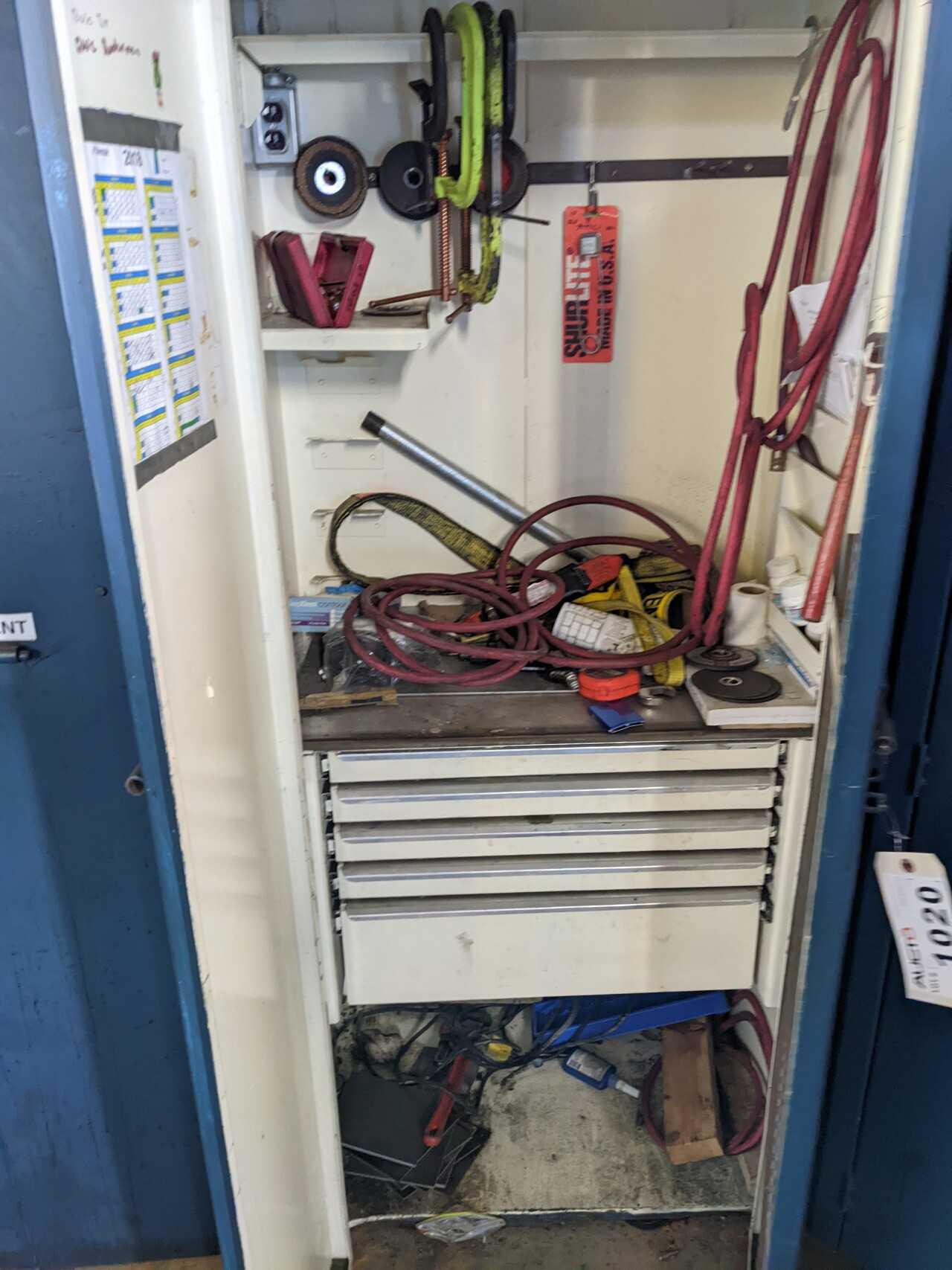 5 DRAWER TOOL CABINET LOCKER WITH CONTENTS, ASSORTED TOOLS, SOCKETS, WRENCHES, HAMMERS, TORCHES, GRINDER - TOOL STORAGE