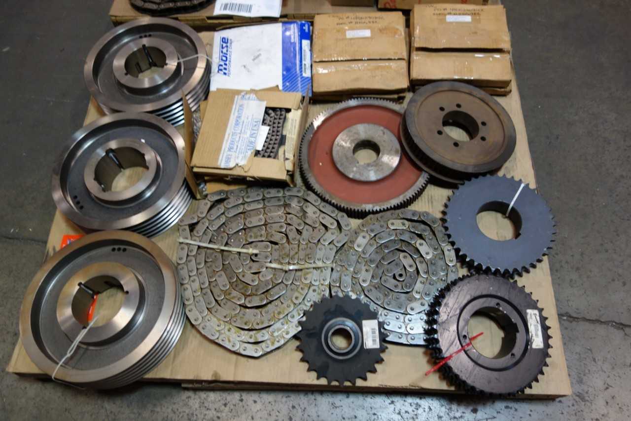 2 PALLETS OF ASSORTED SPROCKETS, BELTS, LINEAR BEARINGS, BUSHINGS, ROLLER CHAINS, COUPLING- BROWNING, PEER, MARTIN - POWER TRANSMISSION