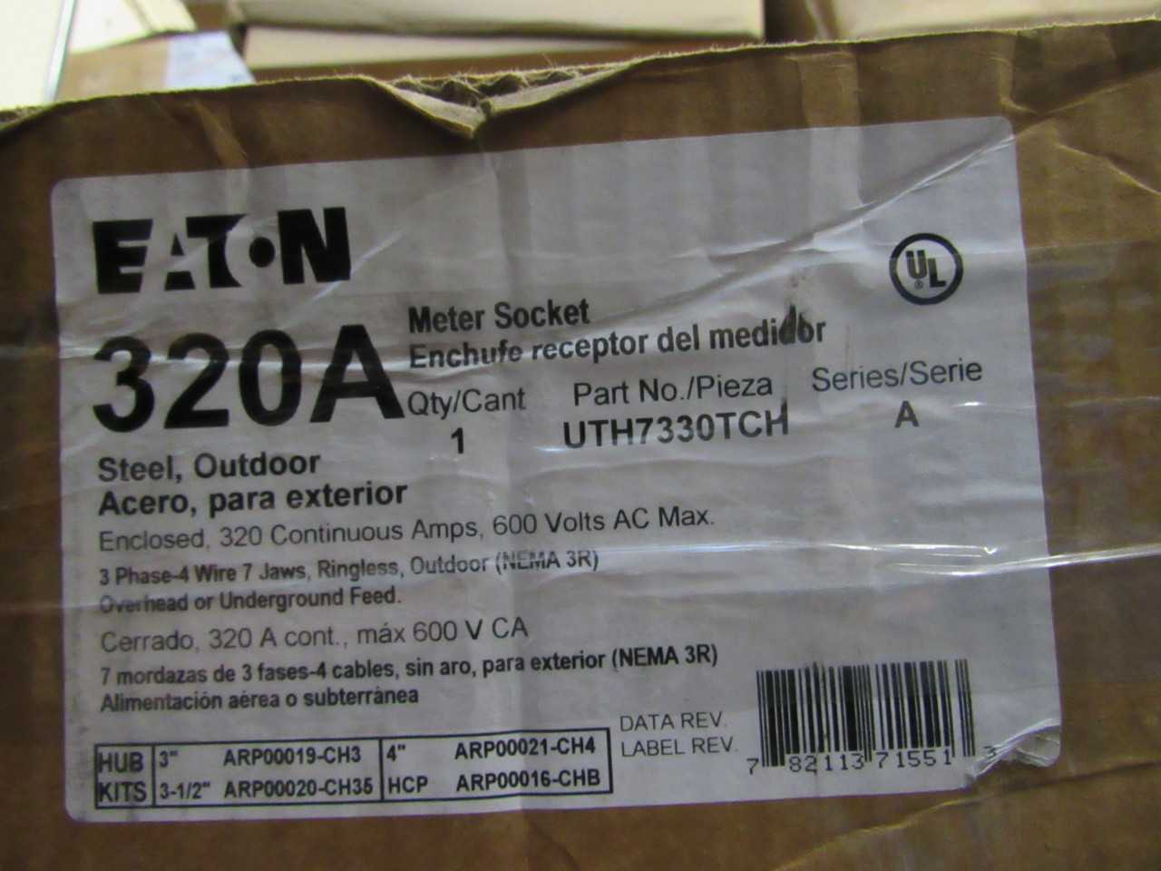 Quantity of 1 New Surplus Eaton UTH7330TCH Meter Socket Ringless 320A 600V 3Ph 7Jaws NEMA 3R - CIRCUIT BREAKERS