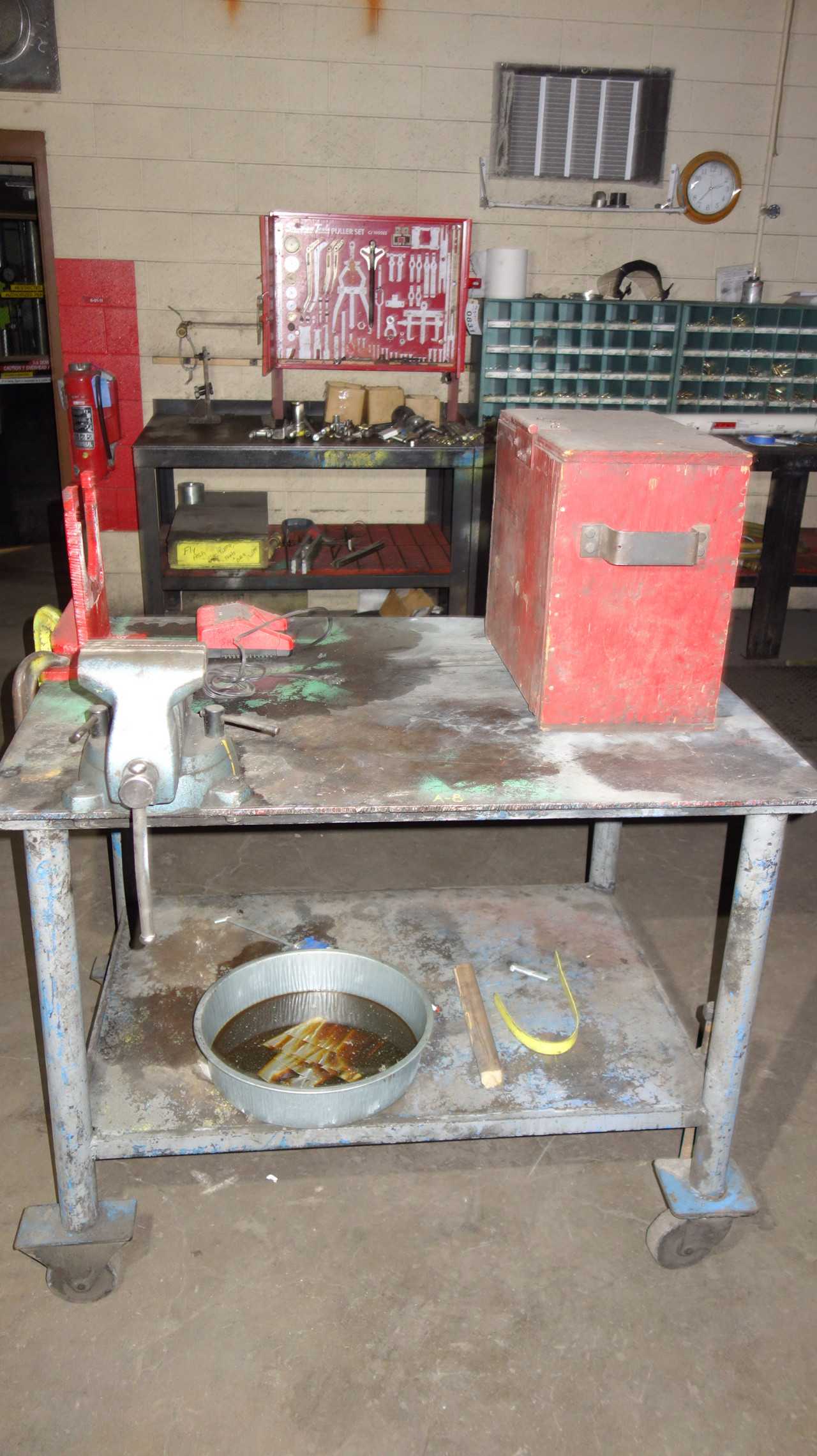 STEEL ROLLER WORK TABLE WITH CONTENTS, VISE, WELDING - MISCELLANEOUS