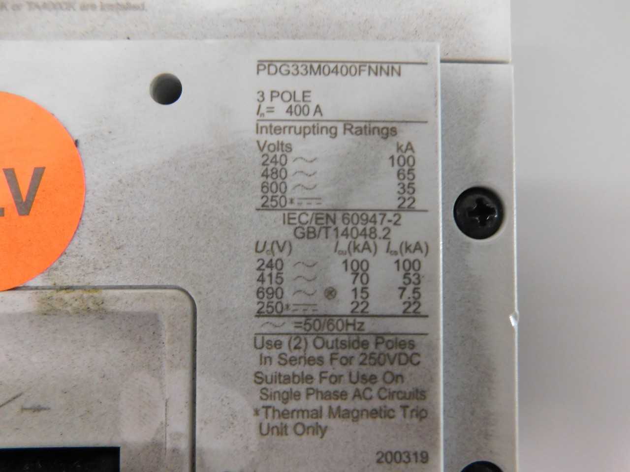 [SALVAGE - FOR PARTS ONLY] Eaton PDG33M0400FNNN MCCB PDG3 3P 400A - CIRCUIT BREAKERS