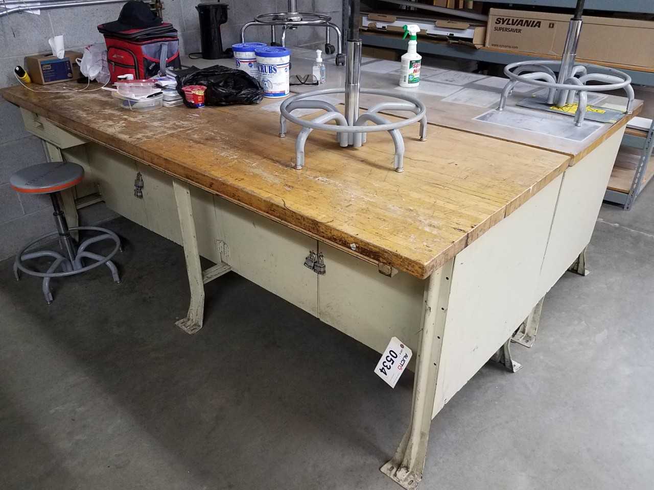 Lot of 2 8' x 4' steel work desk with wood surfaces - PLANT & FACILITY EQUIPMENT