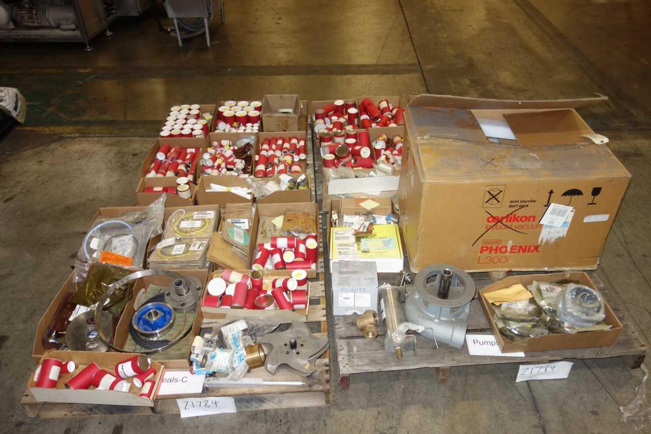 4 PALLETS OF ASSORTED PUMP REPLACEMENT PARTS- IMPELLERS, PACKING- GOULDS, LEY BOLD, - PUMPS