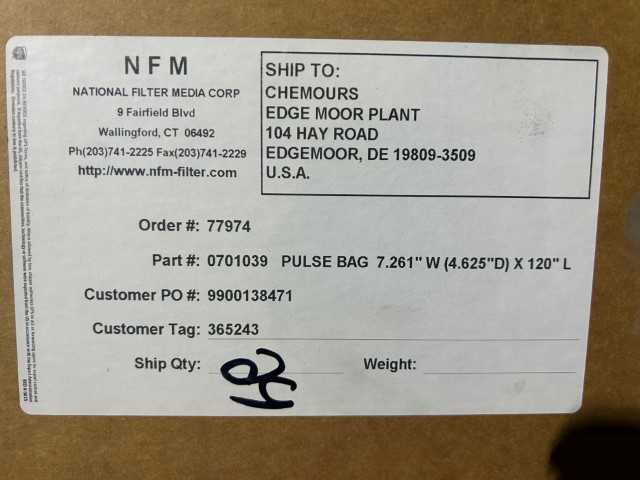 Bulk Lot of NFM Dust Collector 4.625” x 120” Pulse Bag Filters QTY 9 Cases on 1 Pallet - DUST COLLECTOR