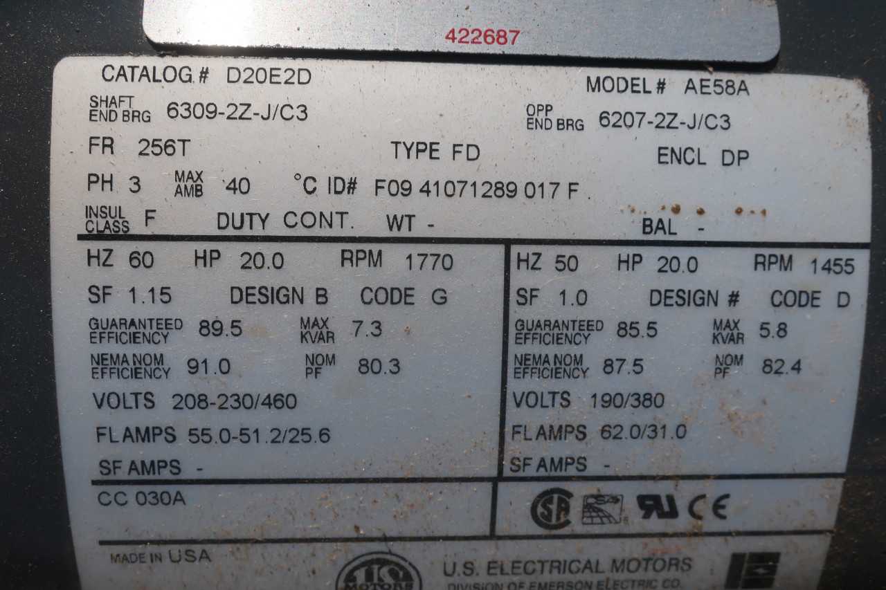 US MOTORS D20E2D 3PH 460V 20HP 256T - ELECTRIC MOTORS