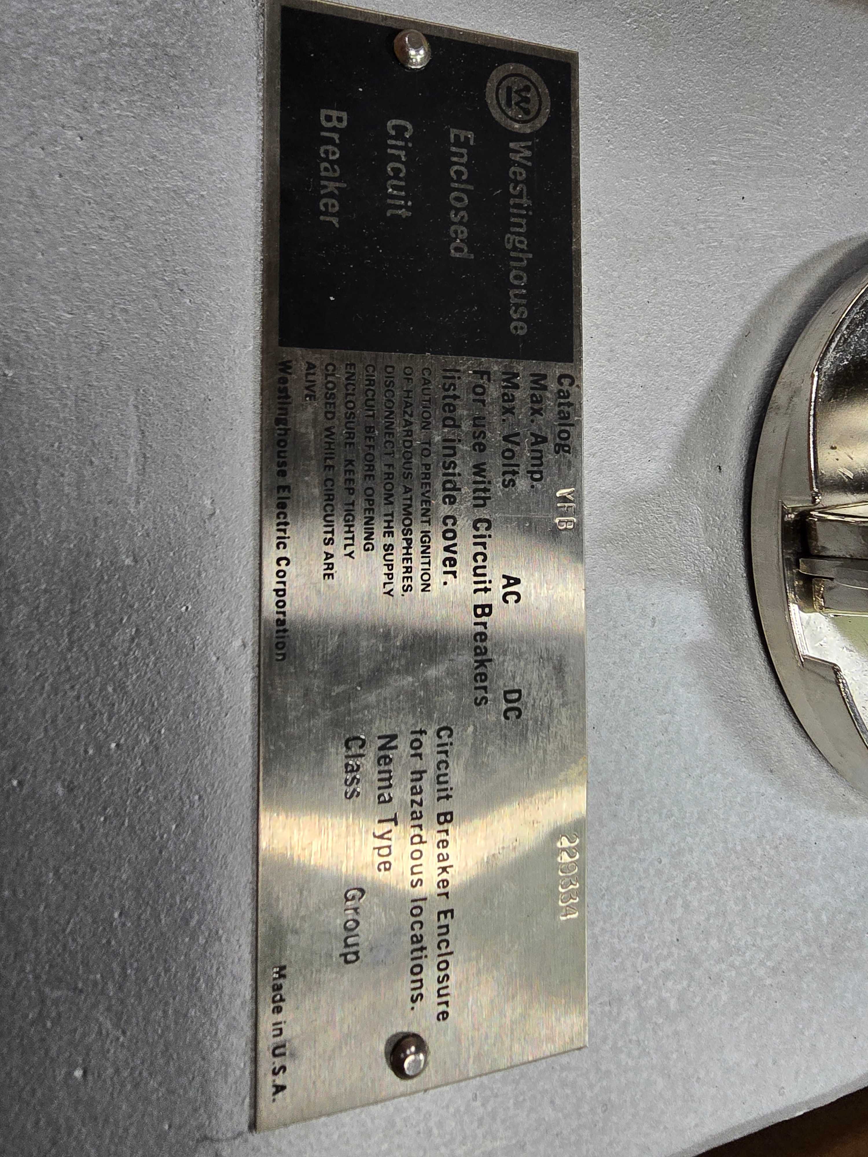 WESTINGHOUSE EXPLOSION PROOF BREAKER ENCLOSURE - ELECTRICAL COMPONENTS