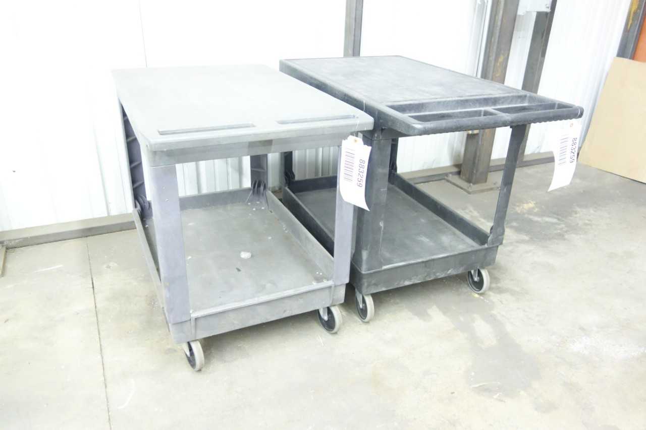 LOT OF 2 PLASTIC PUSH CARTS, SOLID RUBBER TIRES - ROLLING CARTS