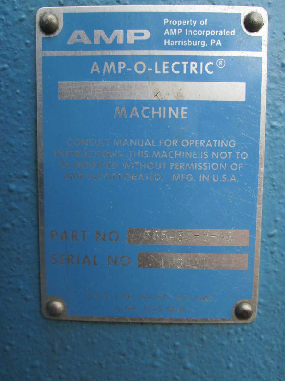 AMP Amp-O-Lectric K Press  Wire Terminating Crimper Machine - PROCESS EQUIPMENT
