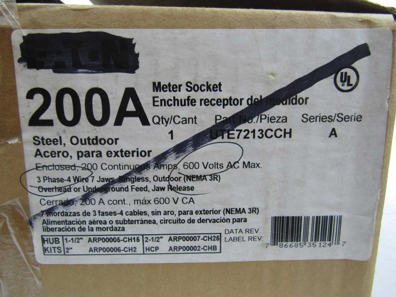 Quantity of 3 New Surplus Eaton UTE7213CCH Meter Socket Ringless 200A 600V 3 Ph 7 Jaws - INDUSTRIAL PARTS