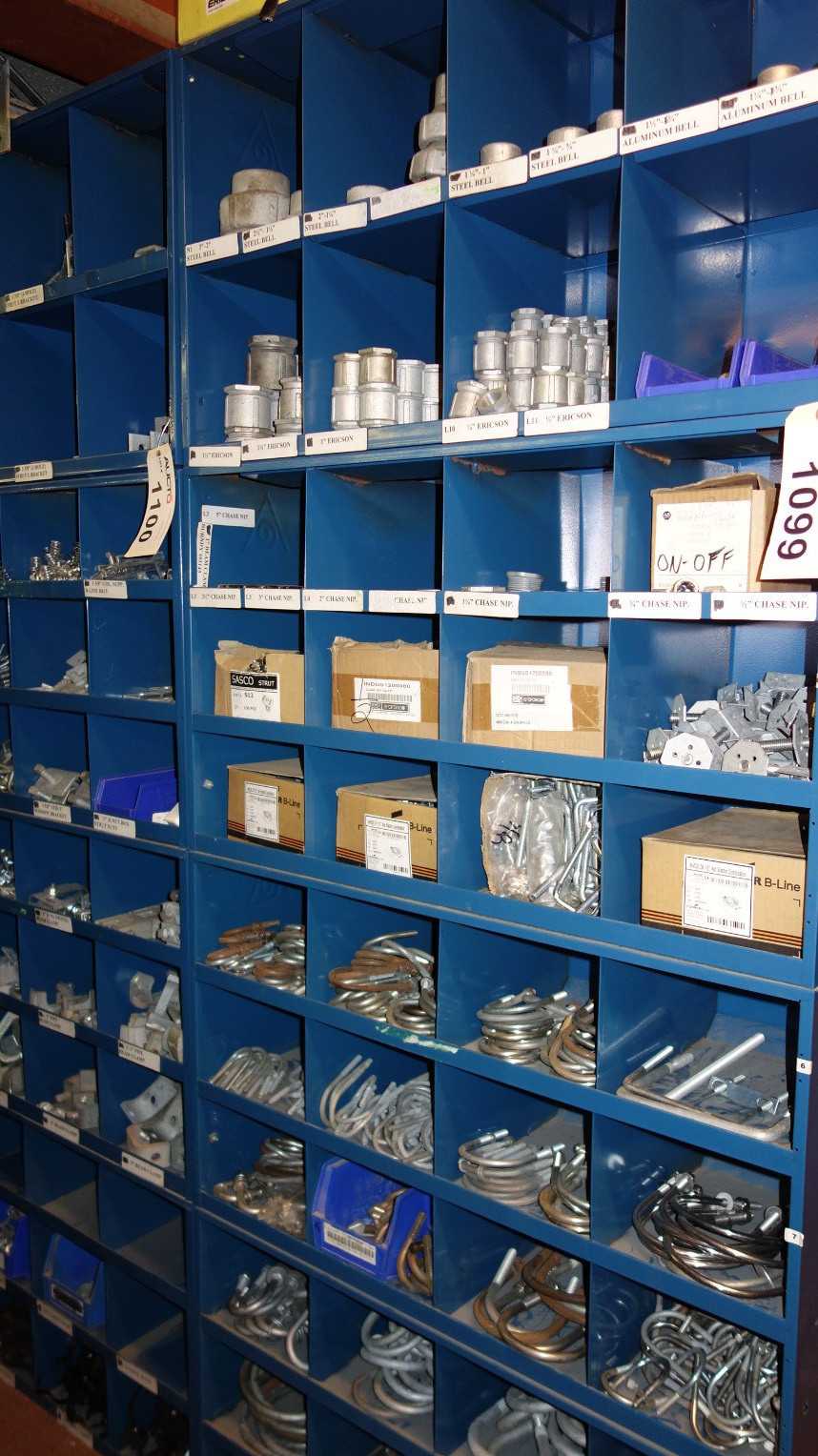 CONTENTS OF 4X STACKED PIGEON HOLE CABINET, ASSORTED ELECTRICAL CONDUIT - ELECTRICAL COMPONENTS
