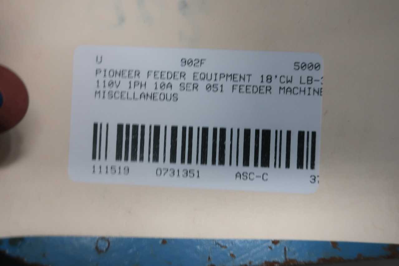 PIONEER FEEDER EQUIPMENT 18 CW LB 3 CRS 110V 1PH 10A VIBRATORY FEEDER MACHINE MISCELLANEOUS - PROCESS EQUIPMENT