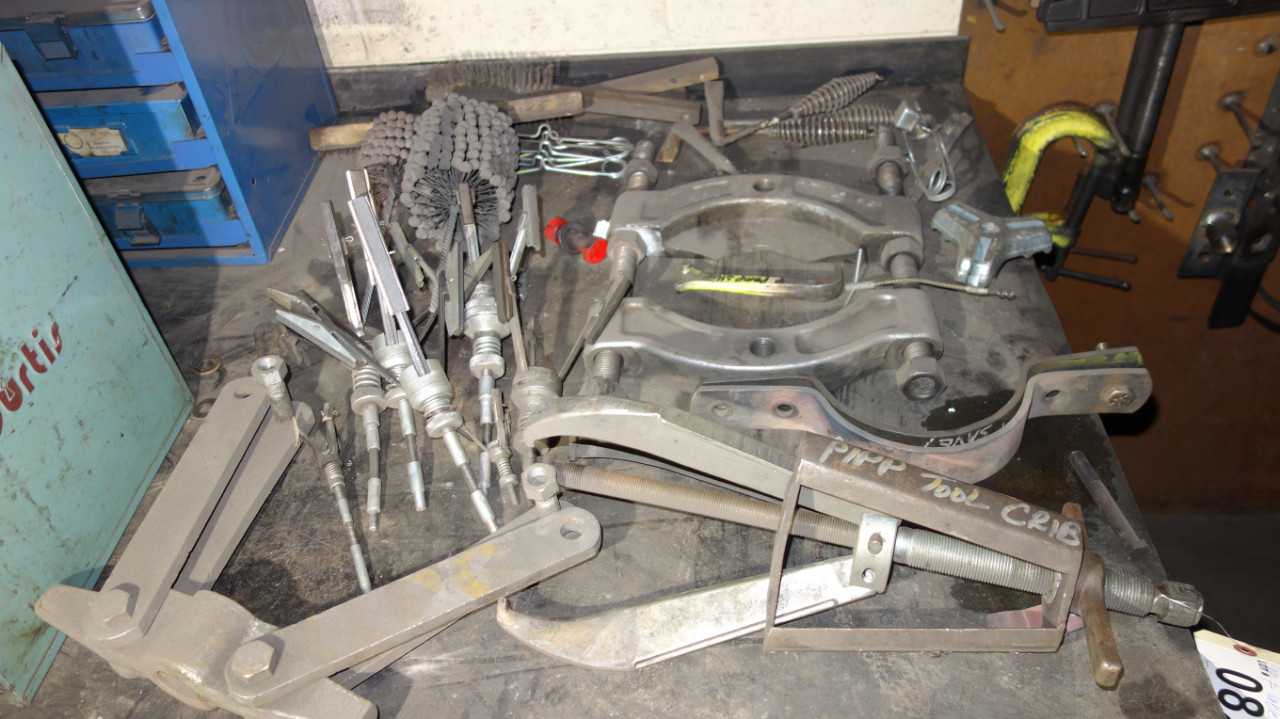 STEEL WORK TABLE WITH CONTENTS - BEARING PULLERS - MISCELLANEOUS