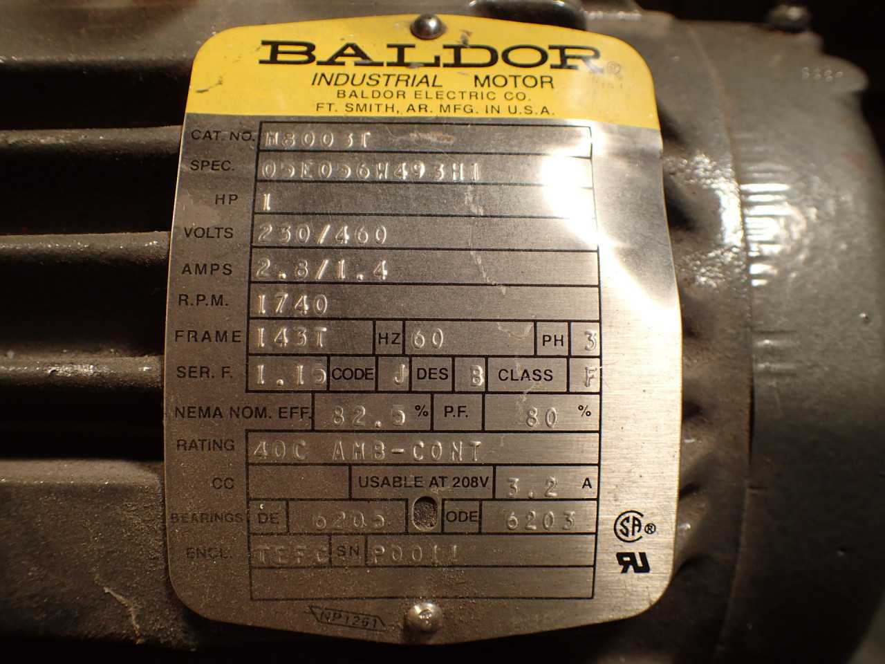 Baldor M8003T Dirty-Duty Electric Motor: 1HP, 230/460V, 1740-RPM, fr. 143T, NOS! - ELECTRIC MOTORS