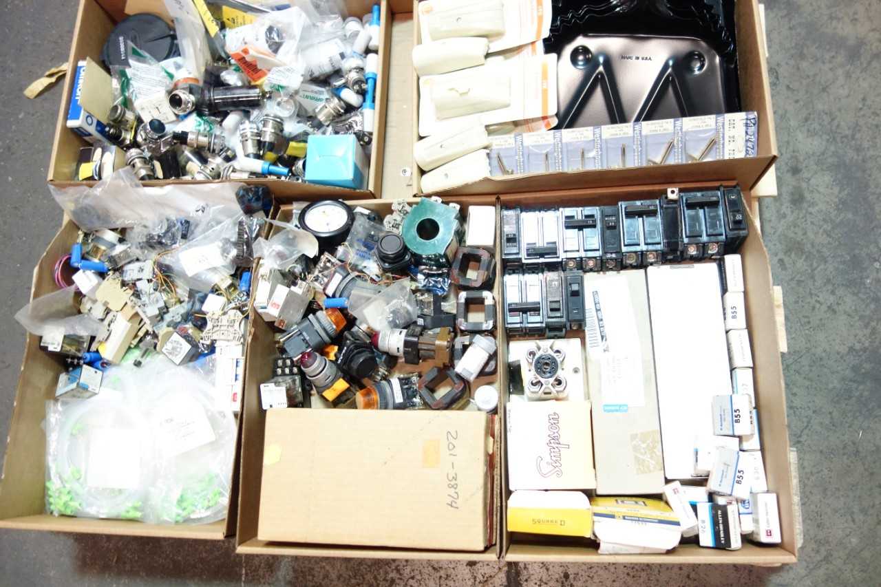 4 PALLETS OF ASSORTED MISCELLANEOUS INDUSTRIAL SURPLUS - ELECTRICAL COMPONENTS