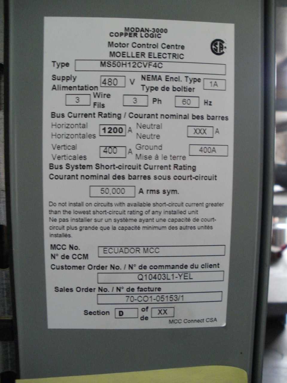 MOELLER MCC SHELL - MOTOR CONTROL CENTERS