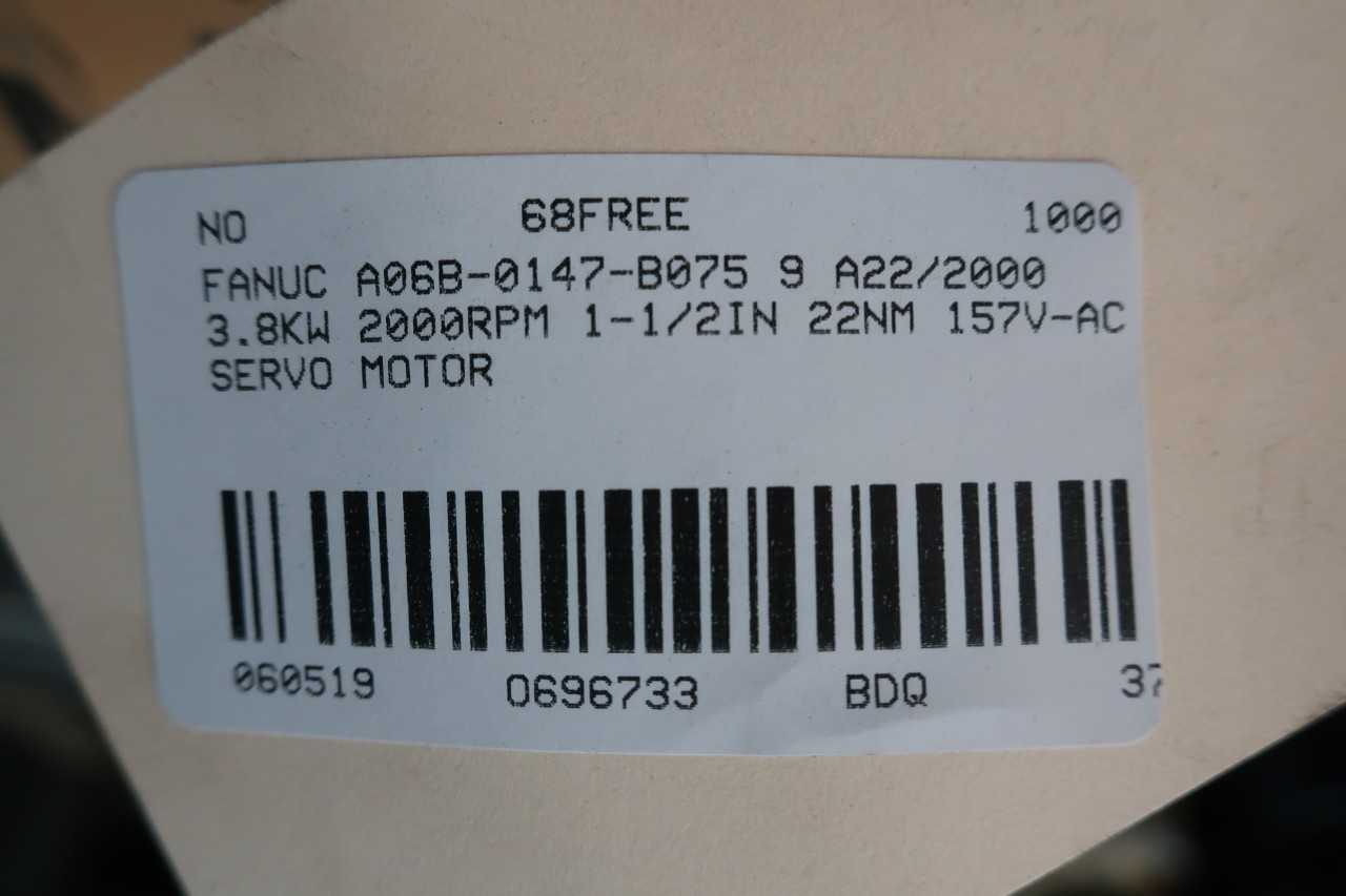 FANUC A06B-0147-B075 9 A22/2000 SERVO MOTOR 3.8KW 2000RPM 22NM 157V-AC - SERVO