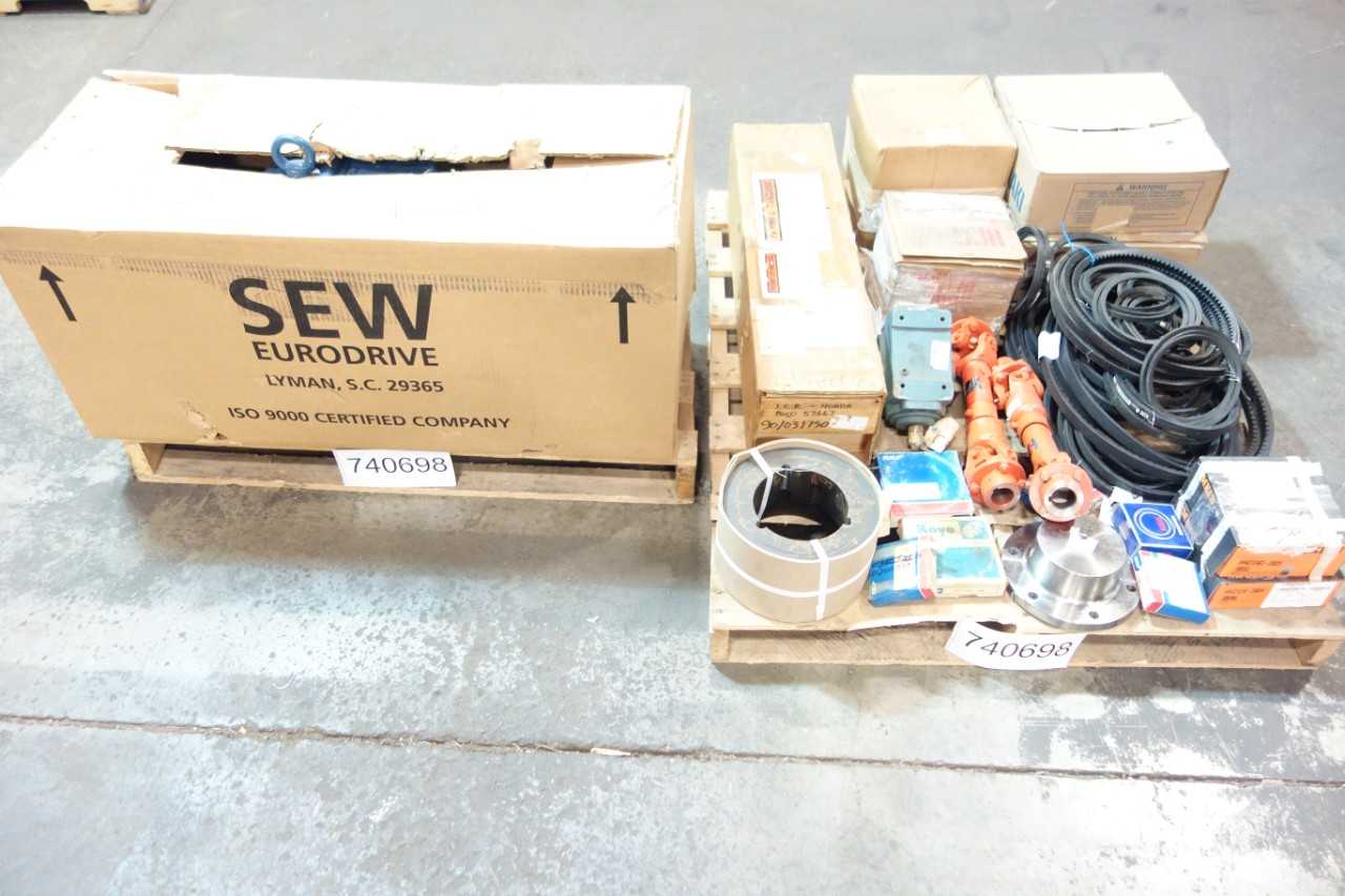 2 PALLETS OF ASSORTED ROLLER BEARINGS, GEAR REDUCERS, BELTS, BUSHING-TIMKEN, SKF, NSK, SEW EURODRVE - BEARINGS