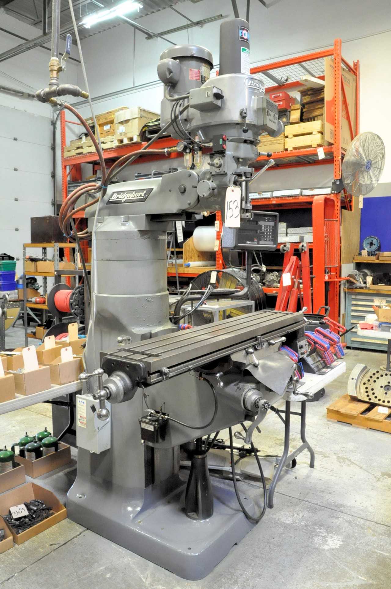 Bridgeport 2-HP Variable Speed Vertical Milling Machine, S/n BR242212, Anilam Mini Wizard 2-Axis Digital Positioning Readout, 9" x 48" Power Feed Table, 6" and 4" Risers, Power Draw Bar - MILLING MACHINES