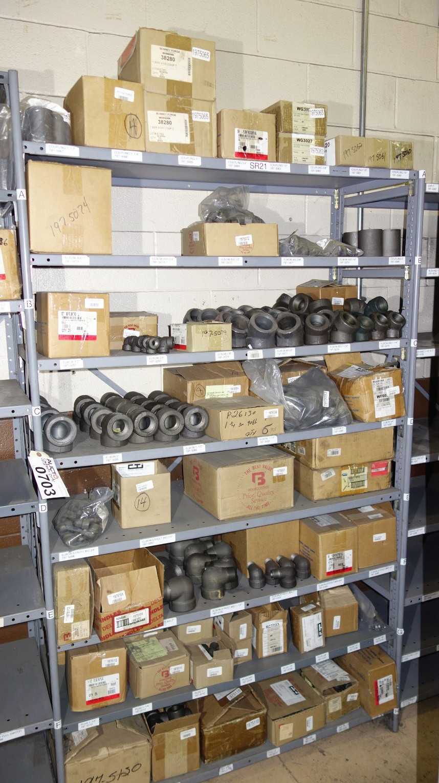 CONTENTS OF 2 SHELF COLUMNS, ASSORTED FITTINGS, ELBOWS, UNIONS - PROCESS EQUIPMENT
