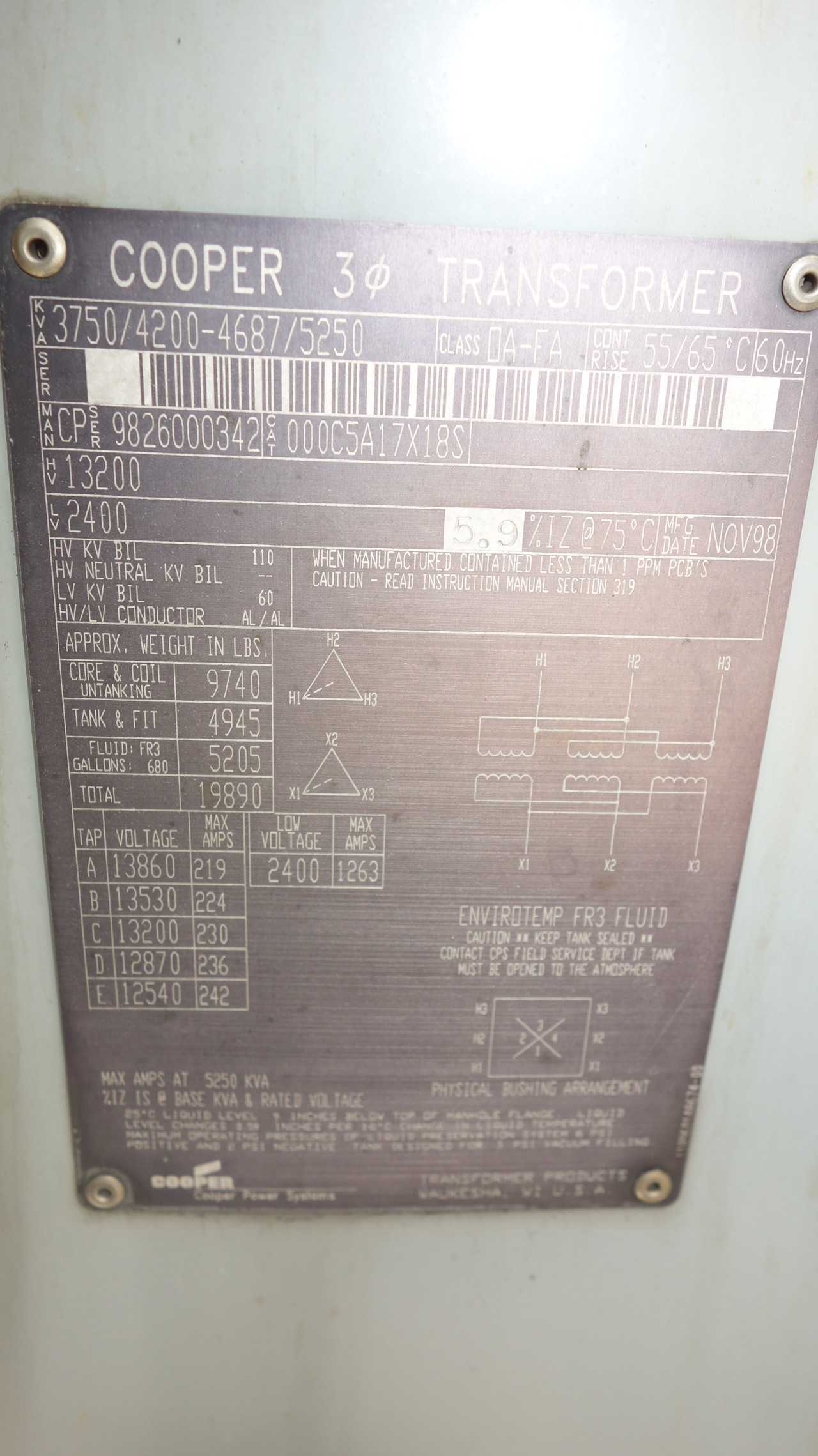 COOPER OA-FA 5250KVA 13200V OIL FILLED TRANSFORMER - CONTROL TRANSFORMERS