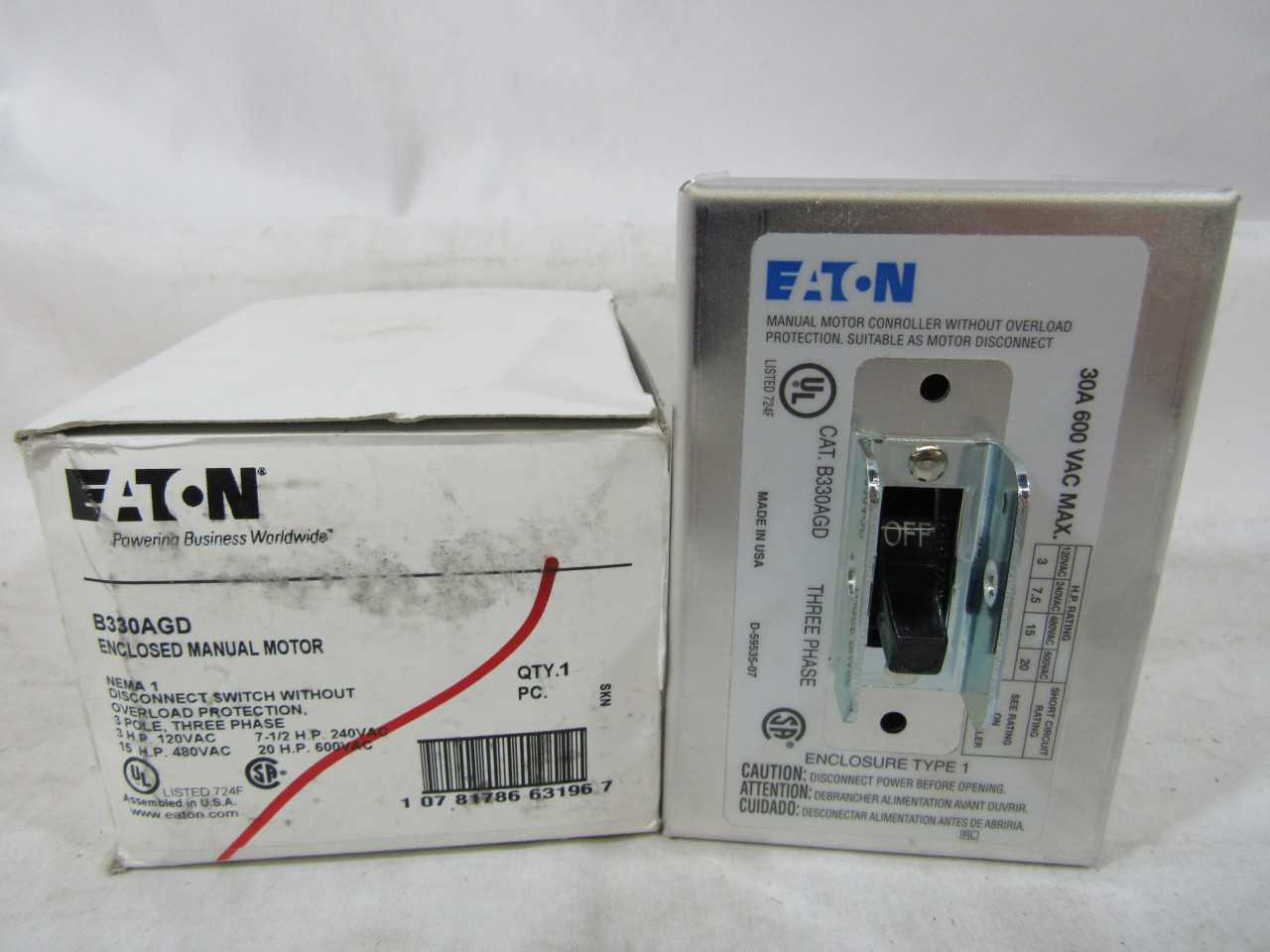 (2) Eaton B330AGD Manual Motor Switch Disconnect Switch 3P 30A 600VAC 3 Ph - DISCONNECT SWITCHES