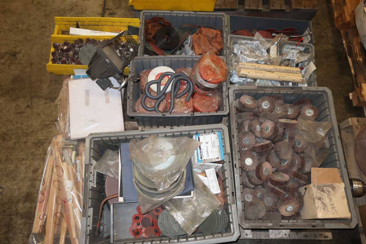 5 PALLETS OF ASSORTED TOOLS ABRASIVES POWERCORDS LIGHTING HARDWARE CLAMPS CREEPER HOISTS - ELECTRIC POWER TOOLS