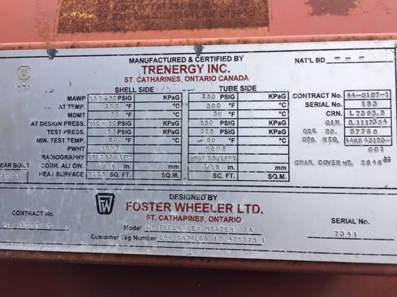 TRENERGY 44-0107-1 LP HEATER 3A HEAT EXCHANGER 9225 SQ FT 250PSI @ 300F