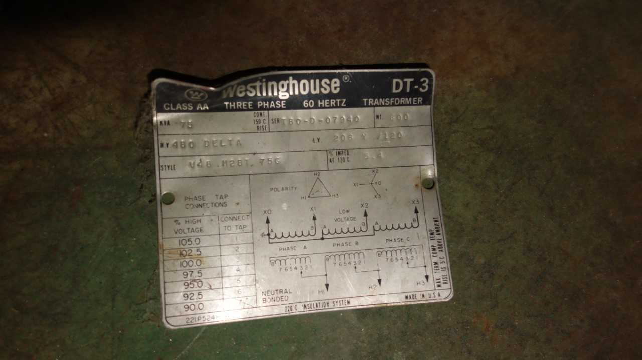 WESTINGHOUSE DT-3 75KVA 480/120V-AC TRANSFORMER - CONTROL TRANSFORMERS