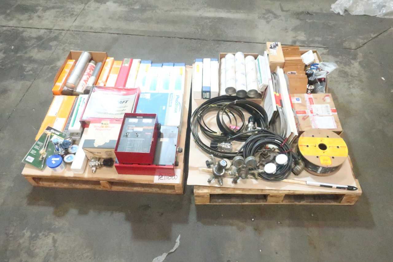 2 PALLETS OF ASSORTED MANUFACTURING EQUIPMENT- BAND SAW BLADES, ELECTRODES, WELDING EQUIPMENT, WELDER CONTROL MODULES- LINCOLN, UTP, TECHALLOY, WELDCRAFT, PROSTAR - WELDING EQUIPMENT