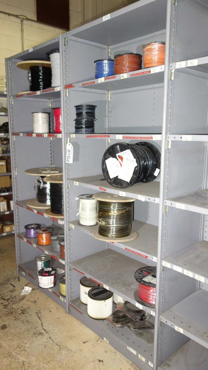 CONTENTS OF 2 SHELF COLUMNS, ASSORTED SPOOLS OF WIRE - INDUSTRIAL PARTS