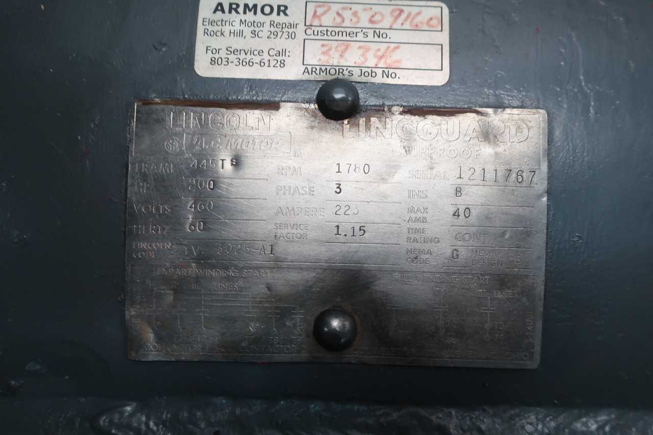 LINCOLN TV-3025-A1 LINCGUARD AC MOTOR 445TS 3PH 200HP 1780RPM 460V-AC - ELECTRIC MOTORS