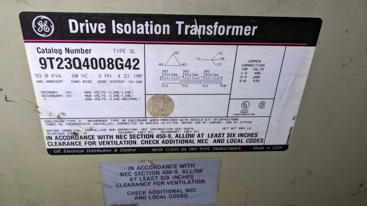 Lot of 2 93KVA General Electric drive isolation transformer - CONTROL TRANSFORMERS
