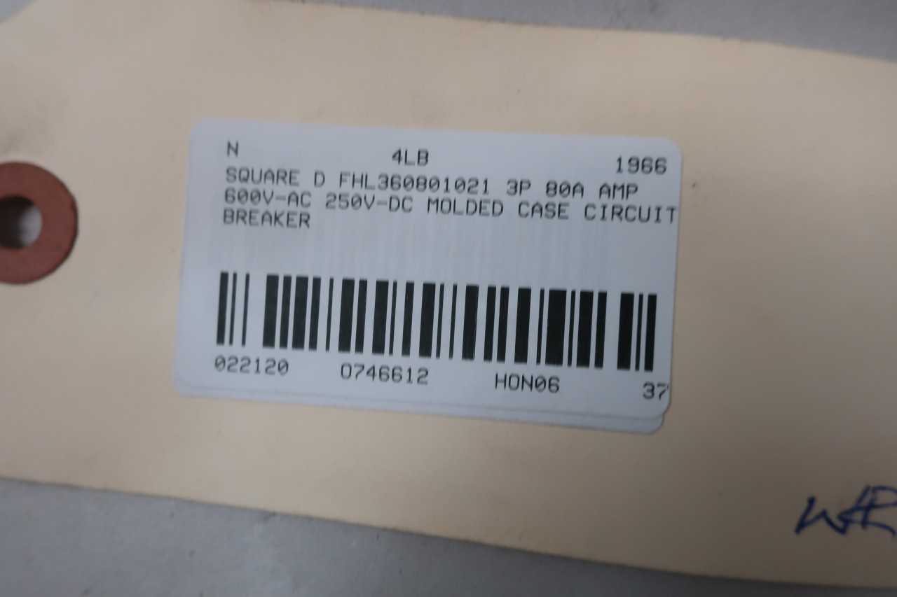 SQUARE D FHL360801021 3P 80A AMP 600V-AC 250V-DC MOLDED CASE CIRCUIT BREAKER - CIRCUIT BREAKERS