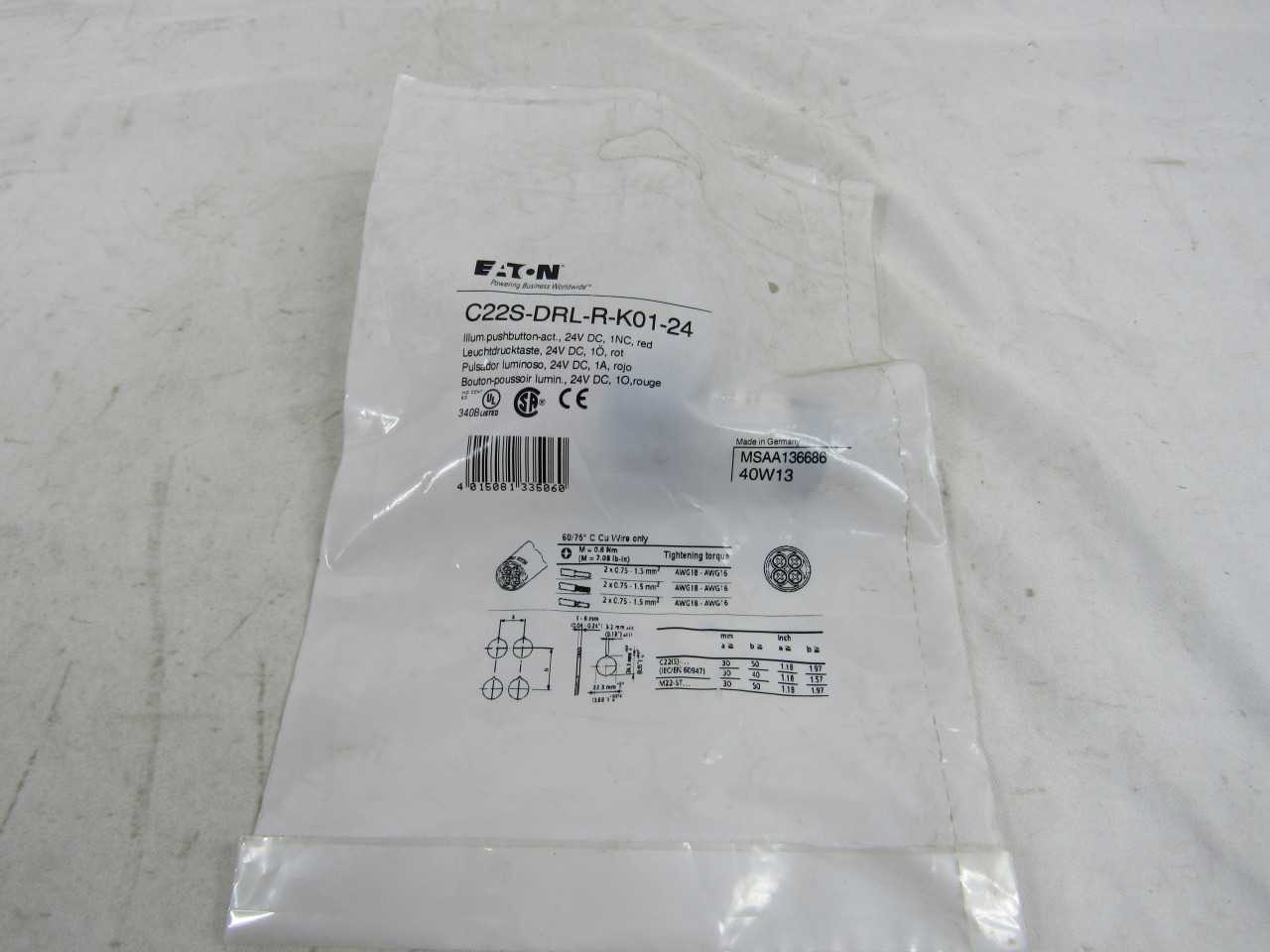 Lot of Qty 168x Eaton C22S-DRL-R-K01-24 Pushbutton 24VDC 1NC Red - ELECTRIC POWER TOOLS