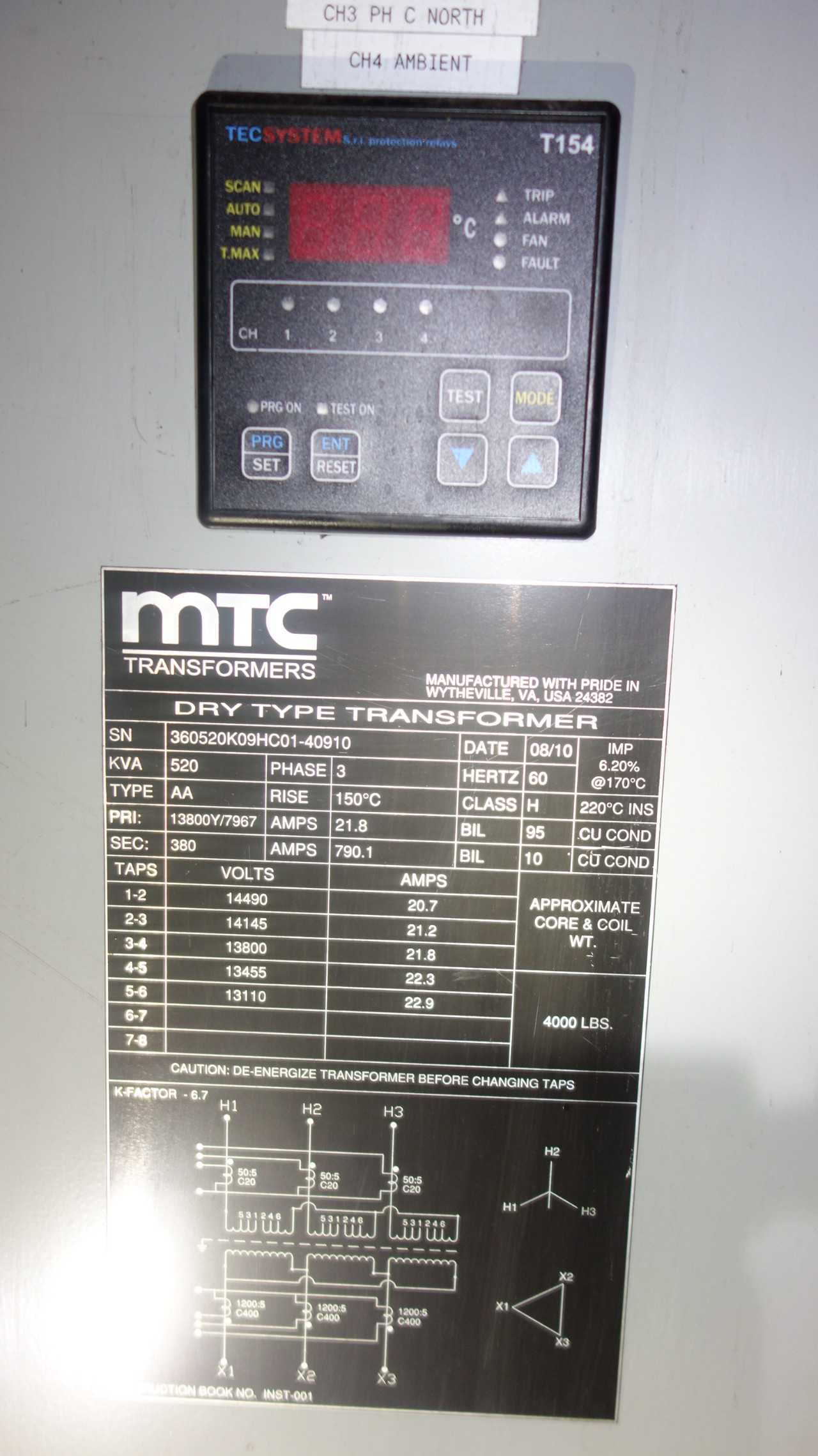 MTC AA 520KVA 13800V-AC DRY TYPE TRANSFORMER - CONTROL TRANSFORMERS