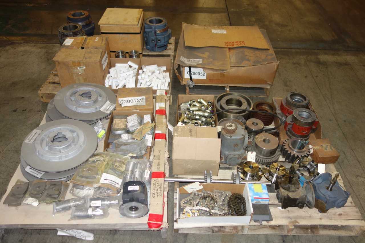 4 PALLETS OF ASSORTED POWER TRANSMISSION, GEAR REDUCERS, ROLLER CHAINS, COUPLINGS, SPARK PLUGS, MOTOR SLEEVES, REXROTH, LINK-BELT, LOVEJOY, FPS - POWER TRANSMISSION