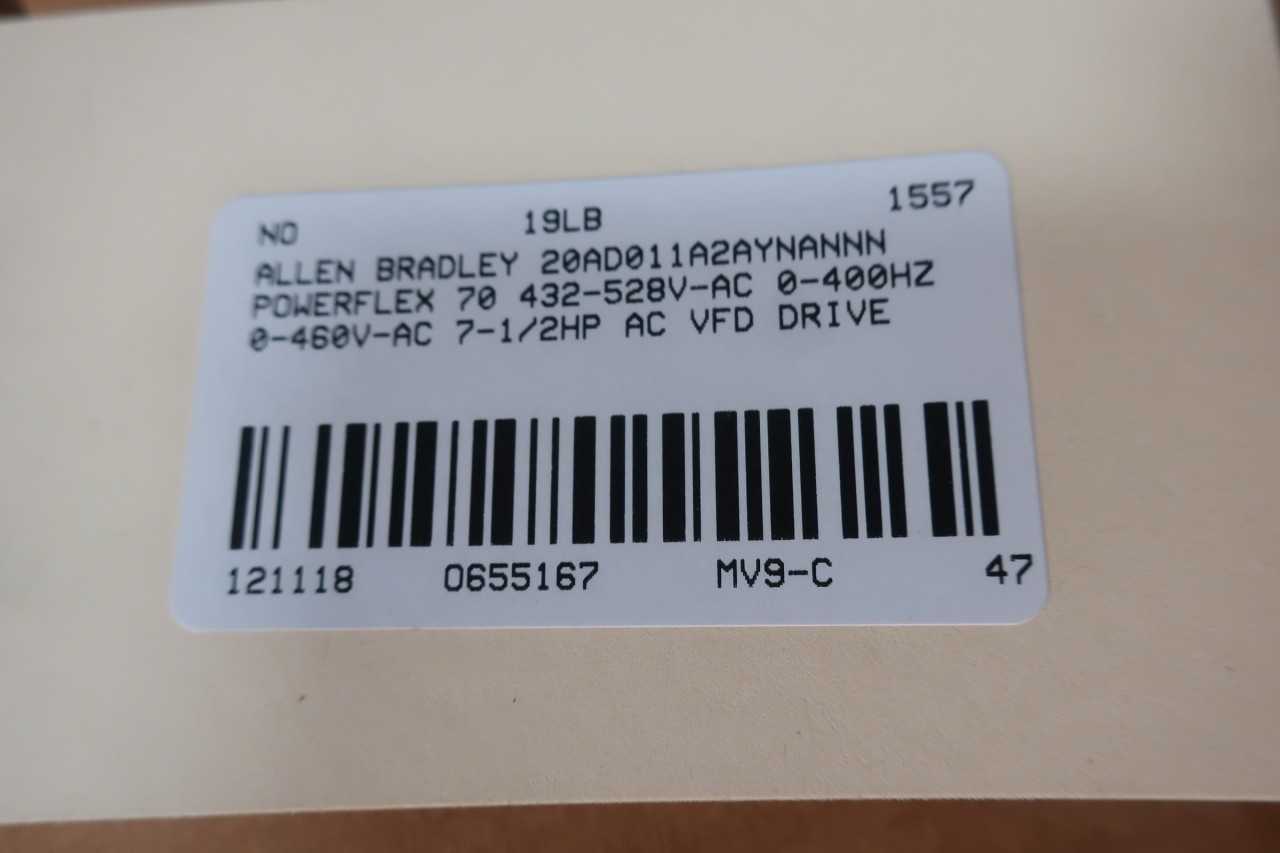 ALLEN BRADLEY 20AD011A2AYNANNN POWERFLEX 70 432-528V-AC 0-400HZ 0-460V-AC 7-1/2HP AC VFD DRIVE - MOTOR DRIVES
