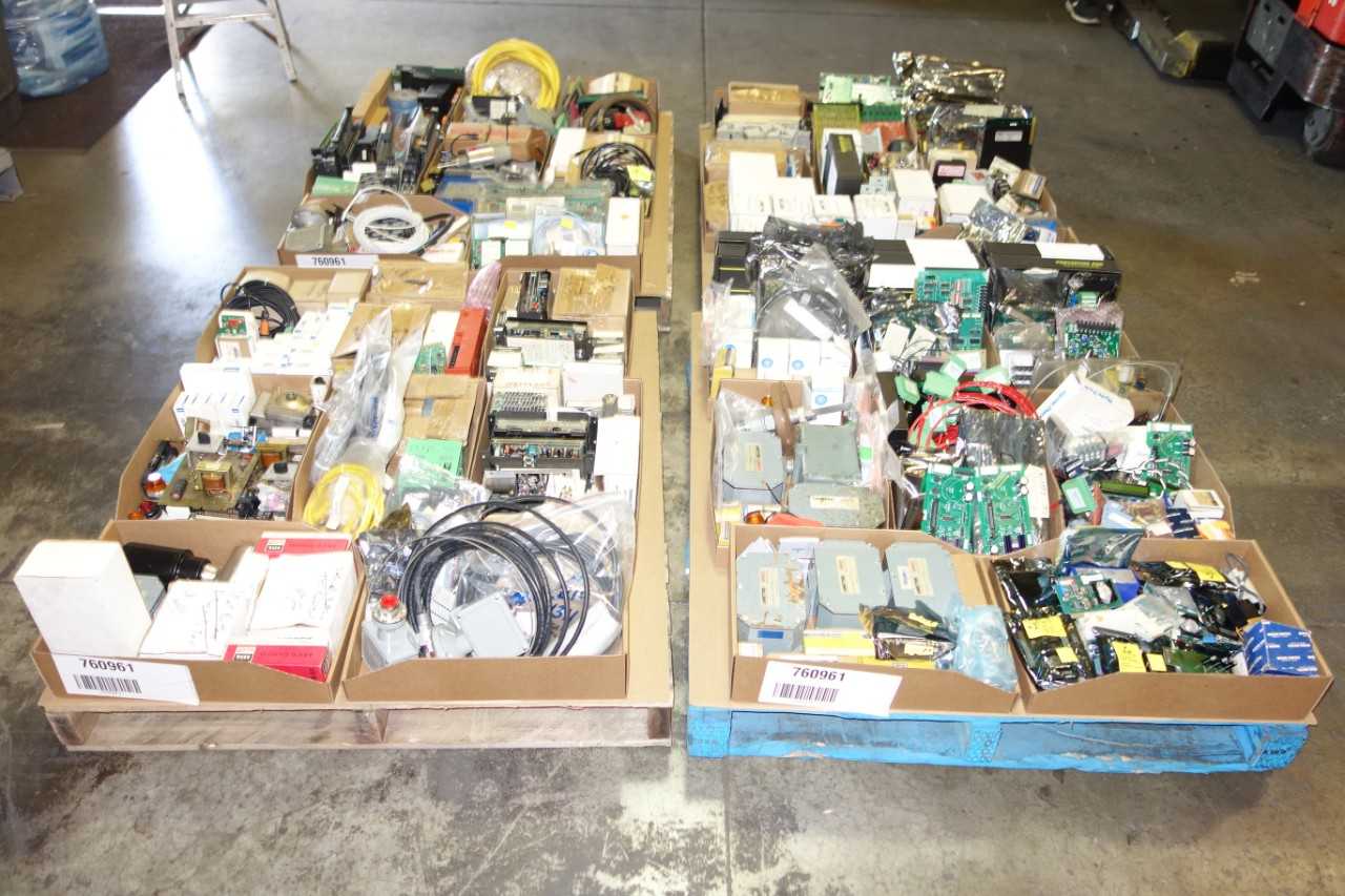 4 PALLETS OF ASSORTED ELECTRICAL AUTOMATION, CIRCUITS BOARDS, SERVO MOTOR ASSORTED MODULES, SWITCHES, WIRES AND ACCESSORIES - ELECTRICAL COMPONENTS