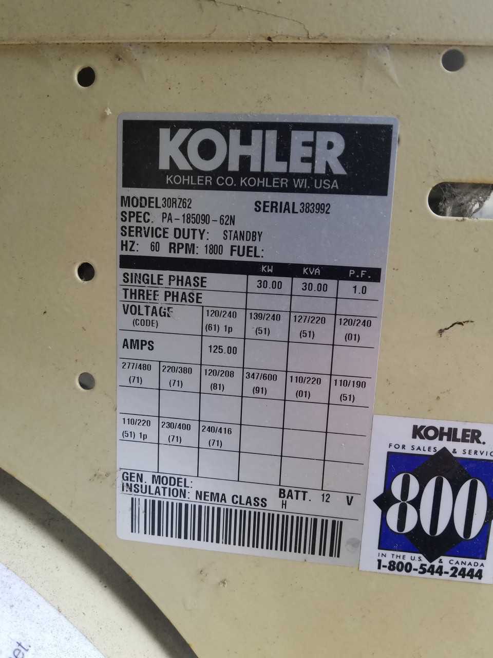 kohler 30RZ62 Generator - STANDBY POWER GENERATOR