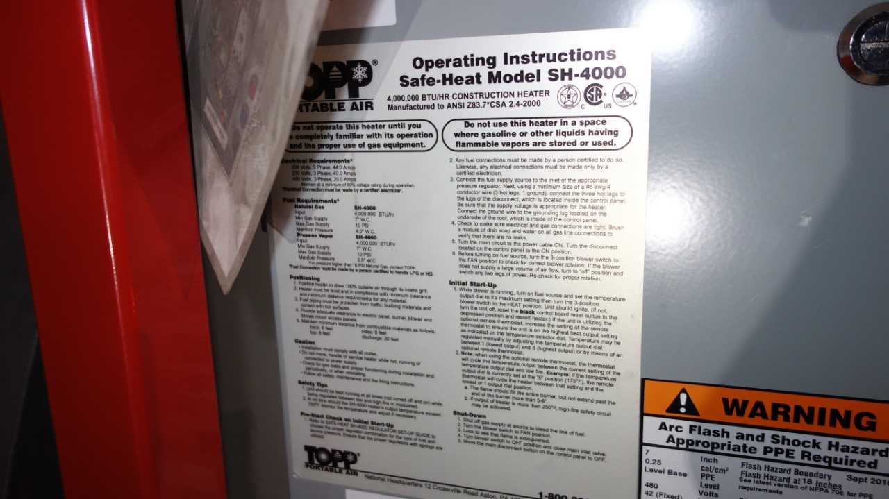 TOPP PORTABLE AIR SH-4000 SAFE-HEAT 4,000,000 BTU/HR CONSTRUCTION HEATER (DELAYED REMOVAL) - PROCESS EQUIPMENT