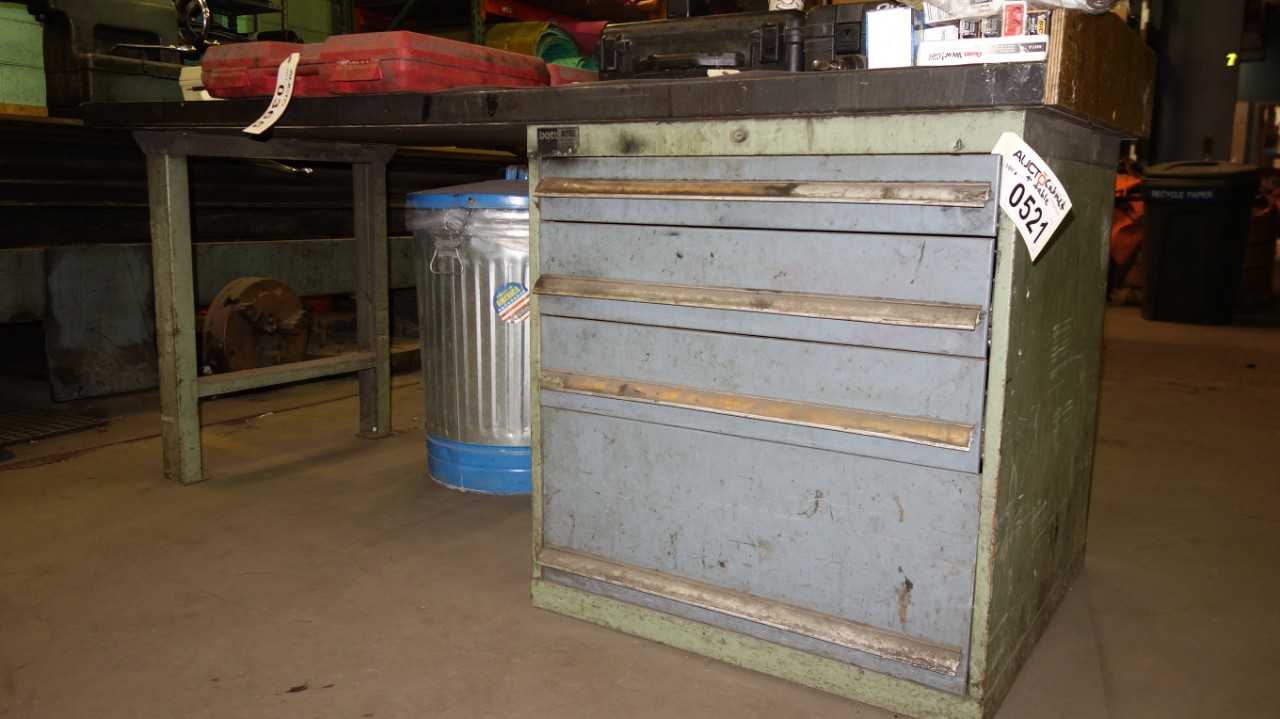 BOTT 3 DRAWER TOOLBOX AND TABLE WITH CONTENTS, 32 IN 80 IN 34 IN, ASSORTED LATHE CHUCKS AND TOOLING - HAND TOOLS