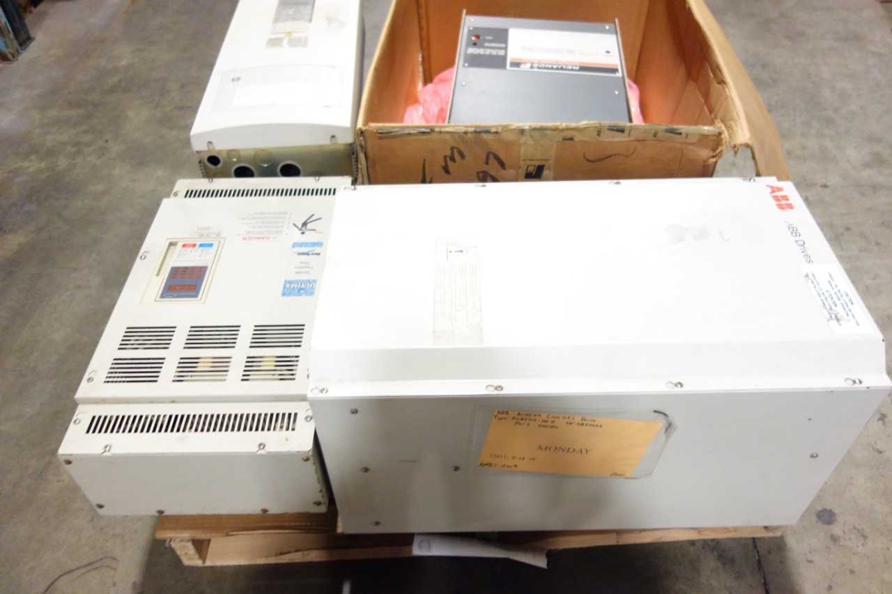 1 PALLET OF ASSORTED ELECTRICAL NFD DRIVES,ABB ACH504-100-4-00P0 440-500V-AC 0-120HZ 0-500V-AC 100HP AC VFD DRIVE,UNO SOURCE CIMR-P5U4022 ULTIMA 380-460V-AC 0-400HZ 0-460V-AC AC VFD DRIVE - ABB, RELIANCE, UNO SOURCE - MOTOR DRIVES