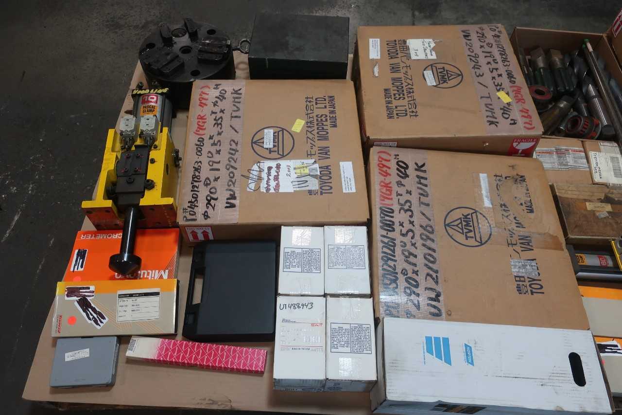 2 PALLETS OF ASSORTED MACHINING AND MILLING - GRINDER WHEELS, DRILL BITS, PASCAL CLAMP, TREADING TAPS, MEASUREMENT TOOLS - STARRETT, PASCAL, TOYODA - ELECTRIC POWER TOOLS
