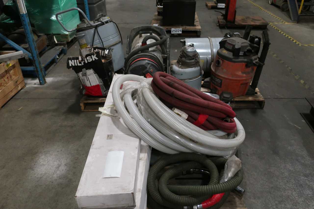 3 PALLETS OF ASSORTED SHOP VACUUM CLEANERS AND HOSES RIDGID GOODWAY NILFISK - MISCELLANEOUS