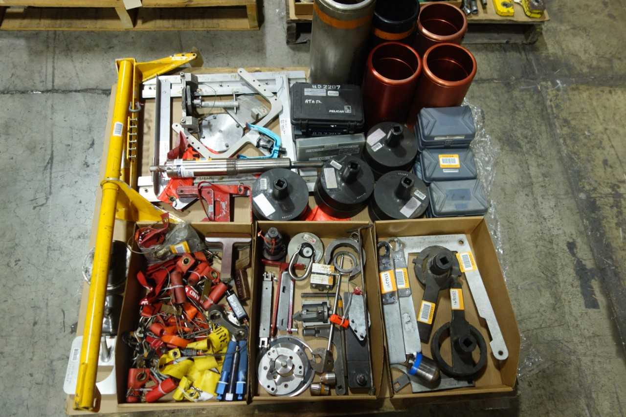 3 PALLETS OF ASSORTED TOOLING  HYDRAULIC PARTS  SAFETY EQUIPMENT  TESTERS  HARDWARE - SAFETY EQUIPMENT