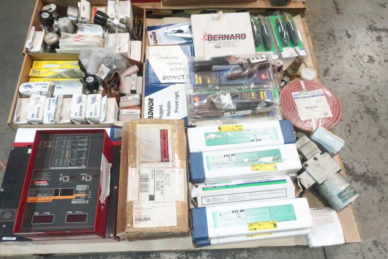2 PALLETS OF ASSORTED WELDING EQUIPMENT- WELDER CONTROL MODULES, WELDING WIRE, ELECTRODES, ELECTRODE HOLDERS- LINCOLN, RADNOR, VICTOR, JACKSON SAFETY - WELDING EQUIPMENT
