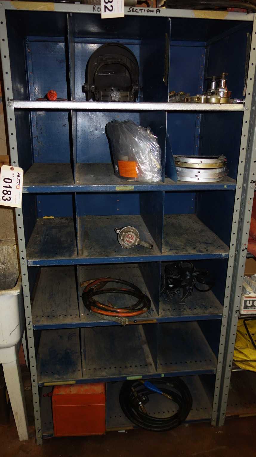 CONTENTS OF SHELVES - WELDING SUPPLIES, HOSES, FACE MASK, REGULATORS, - WELDING EQUIPMENT