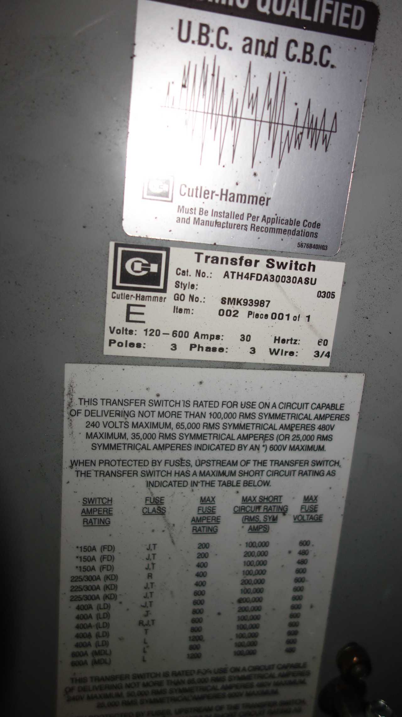 CUTLER HAMMER ATH 120-600A TRANSFER SWITCH - ELECTRICAL COMPONENTS